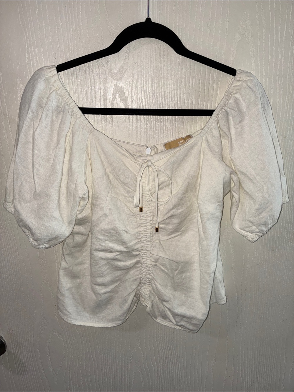Michael Kors Cream Off-Shoulder Ruched Tie-Front Puff Sleeve Top
